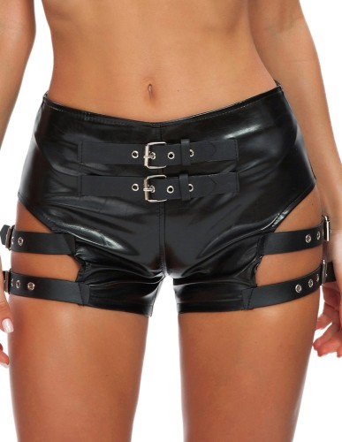 Vrouwen Sexy Black Hollow Out Erotische Faux PU Lederen Nachtclub Shorts Ondergoed
