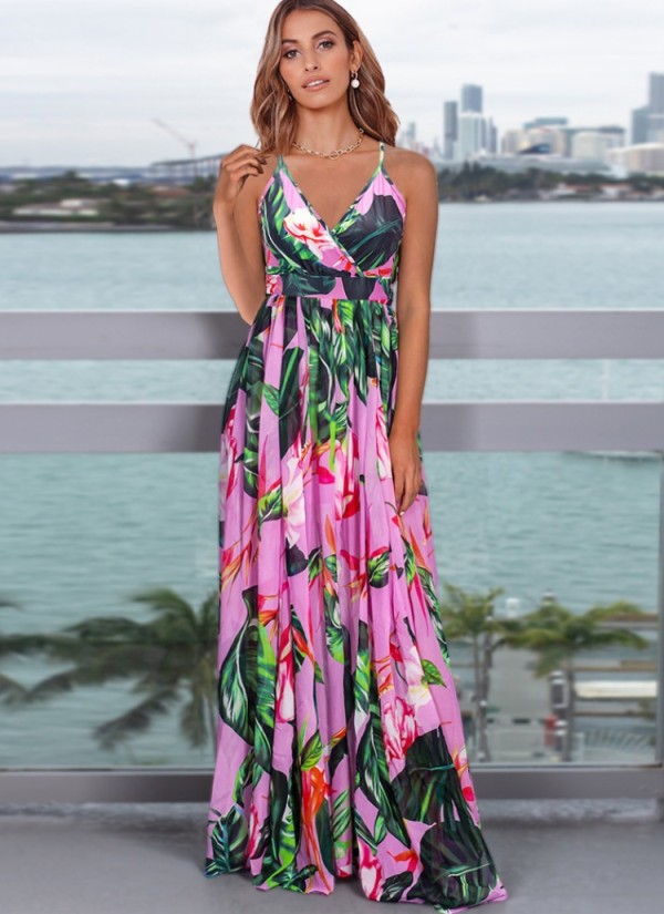 Summer Women Pink Floral Backless Straps Beach Maxi Casual Dress