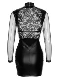 Spring Women Sexy See Through Black Lace Patch High Neck Long Sleeve PU Leather Bodycon Dress