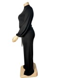 Spring Women Plus Size Black 0-neck Puff Sleeve Ruched Drawstring Blouse and Wide-Legged Pants Two Piece Set
