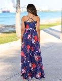 Summer Women Blue Floral Backless Straps Beach Maxi Casual Smock Dress