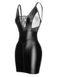 Summer Women Sexy Black Lace Patch V-neck Straps PU Leather Bodycon Dress
