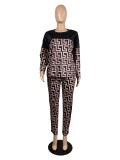 Spring Women Casual Brown Printed 0-neck Long Sleeve Loose Blouse and Match Pants Two Piece Set