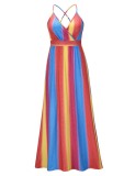 Summer Women Multicolor Stripes Backless Straps Beach Maxi Casual Dress