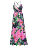 Summer Women Pink Floral Backless Straps Beach Maxi Casual Dress
