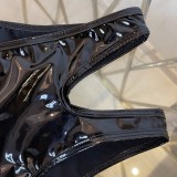 Women Sexy Black Cutout Zipper Open Crotch Erotic Faux PU Leather Panty Underwear