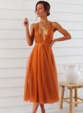Summer Women Sexy Orange Deep V-neck Straps Backless A-line Mesh Party Dress