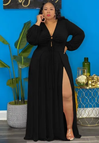 Spring Womne Plus Size Black V-neck Long Sleeve Slit Maxi Dress
