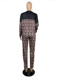 Spring Women Casual Brown Printed 0-neck Long Sleeve Loose Blouse and Match Pants Two Piece Set
