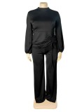 Spring Women Plus Size Black 0-neck Puff Sleeve Ruched Drawstring Blouse and Wide-Legged Pants Two Piece Set