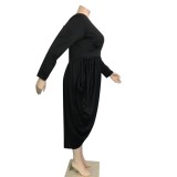 Summer Women Plus Size Black V-neck Long SLeeve Ruched Irregular Party Dress