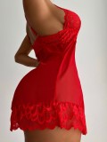 Women Sexy Red Lace Erotic Deep V Sling Nightdress Lingerie