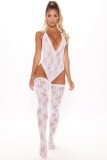 Women Sexy Valentines White Lace Backless Sling Deep V Neck Transparent Teddy Lingerie With Socks