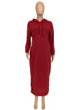 Winter Casual Red Long Sleeve With Hood Slit Long Dress