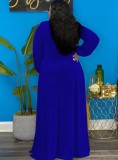 Spring Womne Plus Size Blue V-neck Long Sleeve Slit Maxi Dress