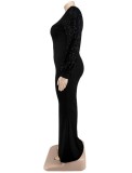 Spring Women Plus Size ELegant Black Sequins Puff Sleeve O-neck Slim Evening Dress