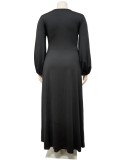 Spring Womne Plus Size Black V-neck Long Sleeve Slit Maxi Dress