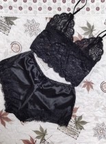 Summer Women Sexy Black Lace Trim Satin Two Piece Pajamas Set