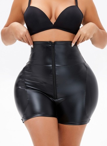 Mujeres Negro Slimmer Butt Lifter Tipo de cremallera Cintura alta Faux PU Leather Faja Body Shaper Shorts