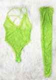 Women Sexy Valentines Green Lace Backless Sling Deep V Neck Transparent Teddy Lingerie With Socks