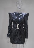 Spring Women Sexy Black V-neck Long Sleeve Slim Fit Faux Leather Dress with Belt