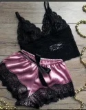 Summer Women Sexy Rose Red Lace Trim Satin Two Piece Pajamas Set
