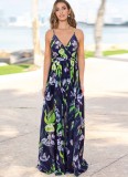 Summer Women Green Floral Backless Straps Beach Maxi Casual Dress