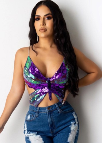 Summer Sexy Colorful Sequins Bow Crop Top