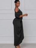 Summer Sexy Black Sloping Shoulder Short Sleeve Irregular Long Dress