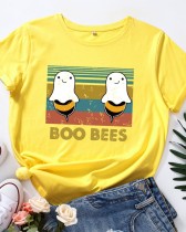 Camiseta de algodón de manga corta con cuello redondo y estampado amarillo de verano
