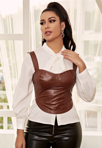Winter Fashion Brown Pu Leather Straps Crop Top
