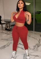 Sommer Casual Red Solid Zipper Weste und Hose Großhandel Damen Zweiteiler Sets
