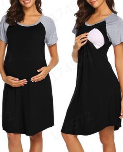 Летнее повседневное черное контрастное серое платье для беременных с короткими рукавами и круглым вырезом
