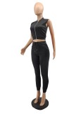 Summer Casual Black Solid Zipper Vest And Pant Wholesale Women'S Two Piece Sets