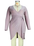 Spring Plus Size Elegant Pink V Neck With Belt Long Sleeve Bodycon Party Dress