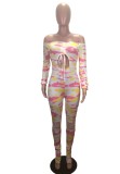 Spring Sexy Print Off Shoulder Hollow Out Long Sleeve Crop Top And Pant Wholesale 2 Piece Outfits
