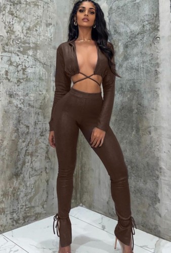 Winter Sexy Brown Pu Leather Bandage Long Sleeve Crop Top And Pant Wholesale Womens 2 Piece Sets