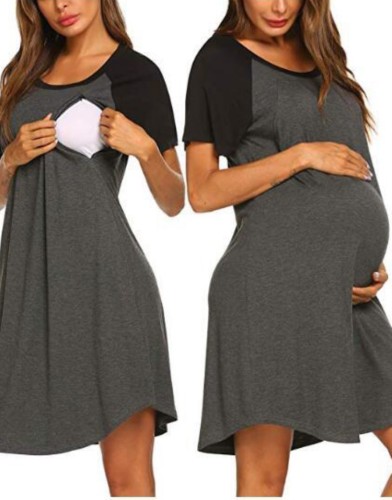 Летнее повседневное темно-серое контрастное черное платье с круглым вырезом и короткими рукавами для беременных