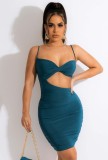 Sommer Sexy Blaue Träger Ausgeschnittenes Rückenfreies Rüschen Bodycon Kleid
