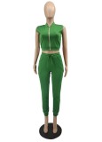 Sommer Casual Green Solid Zipper Weste und Hose Großhandel Damen Zweiteiler Sets
