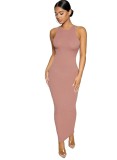 Sommer Sexy Pink Solid Rundhals ärmelloses langes Kleid
