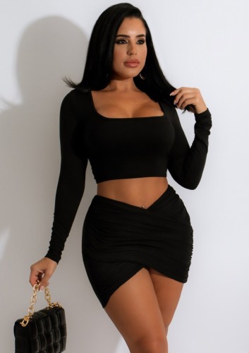 Lente sexy zwarte U-hals lange mouw crop top en mini jurk groothandel tweedelige sets