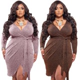 Spring Plus Size Elegant Pink V Neck With Belt Long Sleeve Bodycon Party Dress