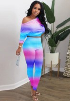 Spring Sexy Tie Dye Print Sloping Shoulder Long Sleeve Crop Top And Pant Wholesale 2 Piece Outfits
