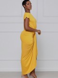 Sommer Sexy Gelb Schräge Schulter Kurzarm Unregelmäßiges langes Kleid