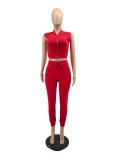 Sommer Casual Red Solid Zipper Weste und Hose Großhandel Damen Zweiteiler Sets