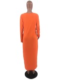 Frühling Plus Size Orange Geripptes V-Ausschnitt Langarm Langes Kleid