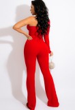 Frühling Sexy Red One Sholder Langarm Strass Overall