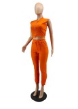 Sommer Casual Orange Solid Zipper Weste und Hose Großhandel Damen Zweiteiler Sets