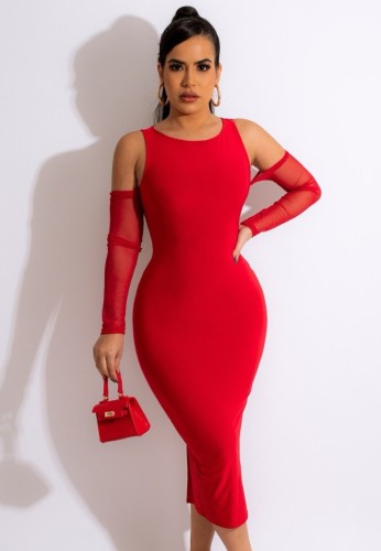 Primavera sexy rosso girocollo con manica a rete Midi Dress